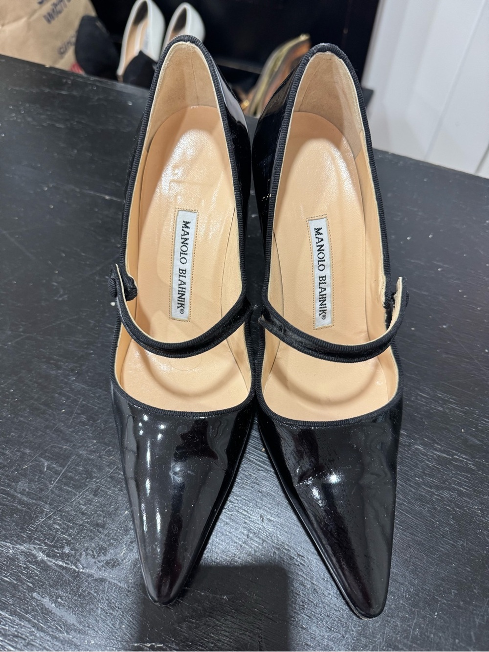 Manolo Blahnik Black Patent Mary Jane Pointed Pumps